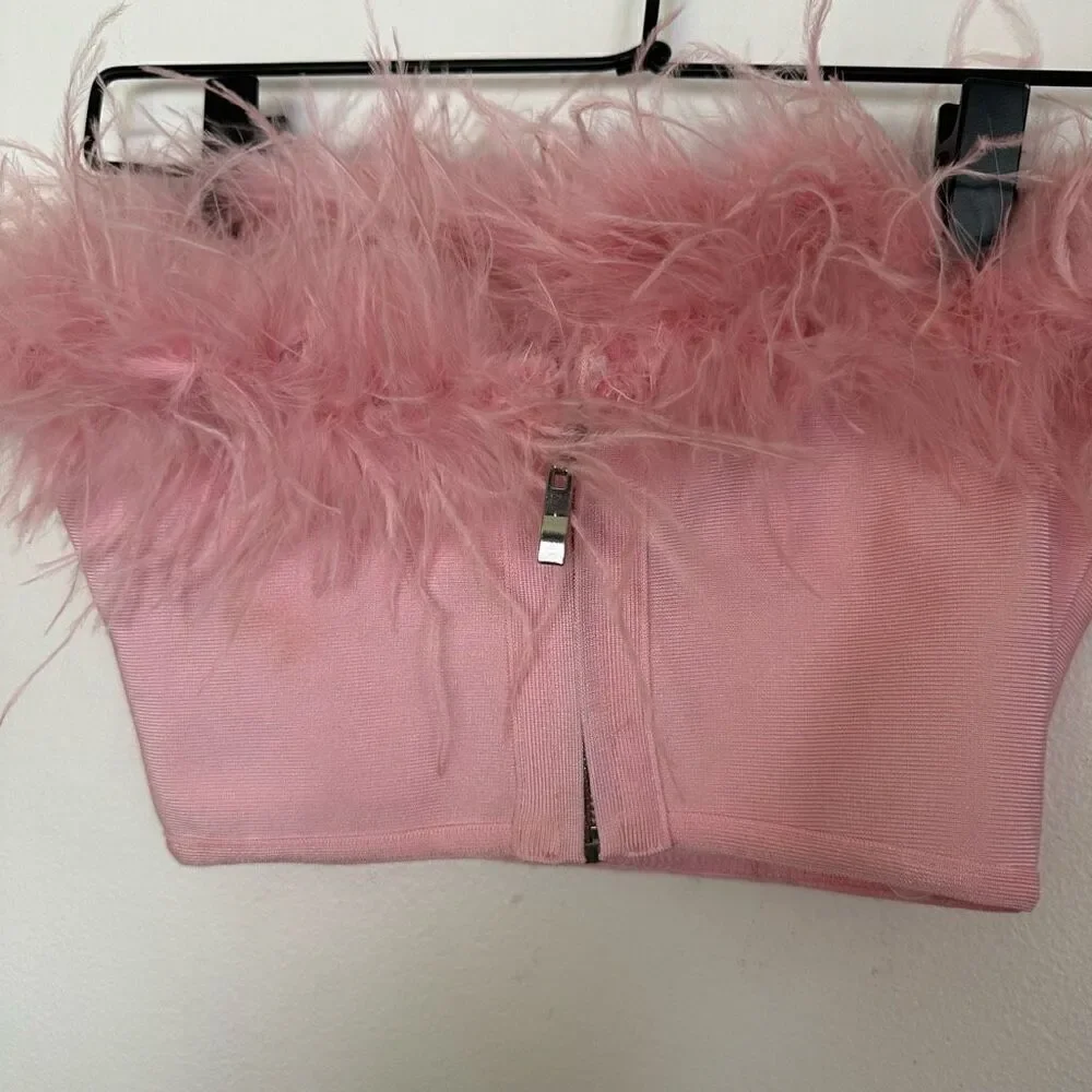Superdown Ramona Feather Trim Bustier Top in Blush Pink - Picture 5 of 11